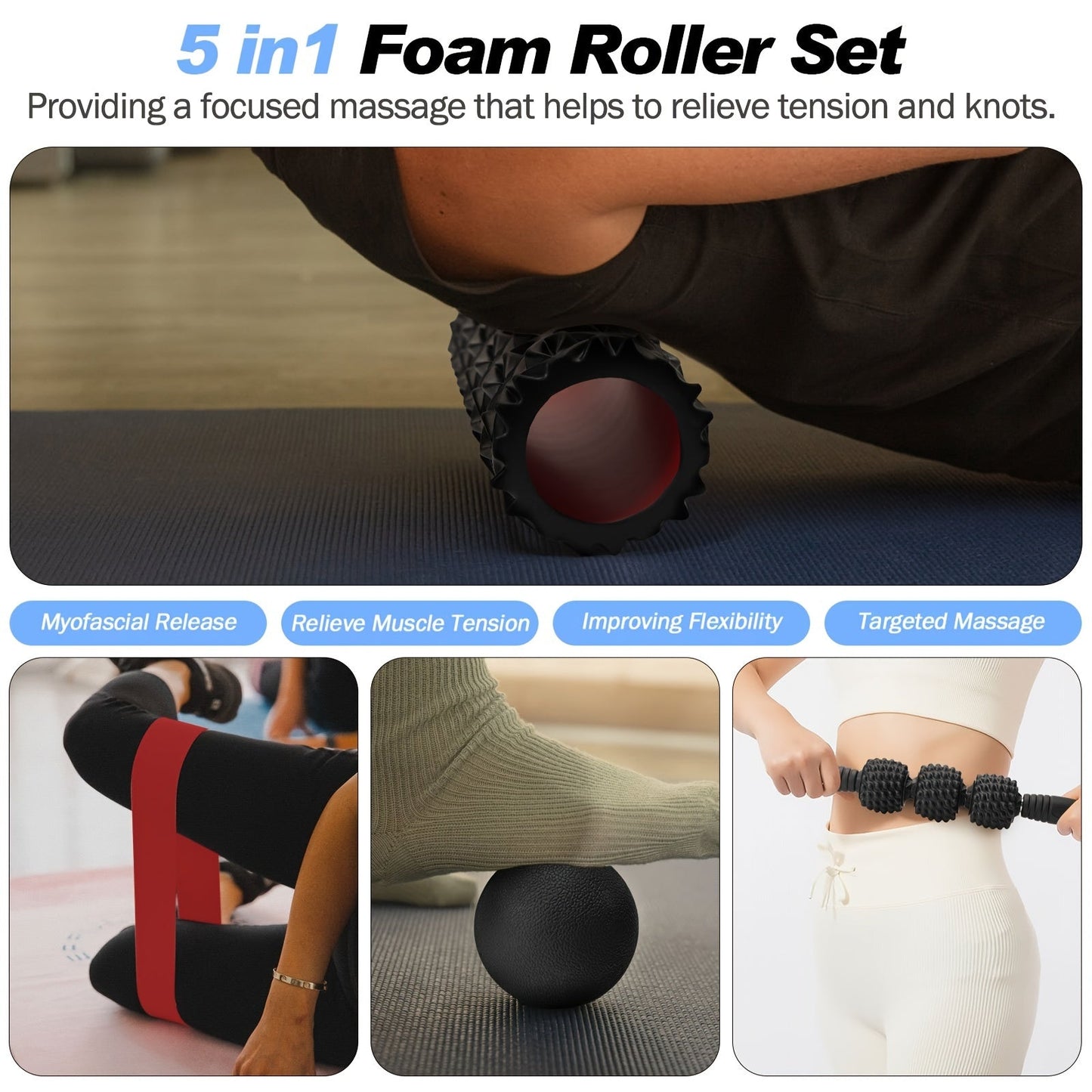 5-in-1 Foam Roller Set For Deep Tissue Massage, Muscle Improved Mobility, High-Density Back Roller For Whole Body Relieves Muscle Pain Muscle Massage